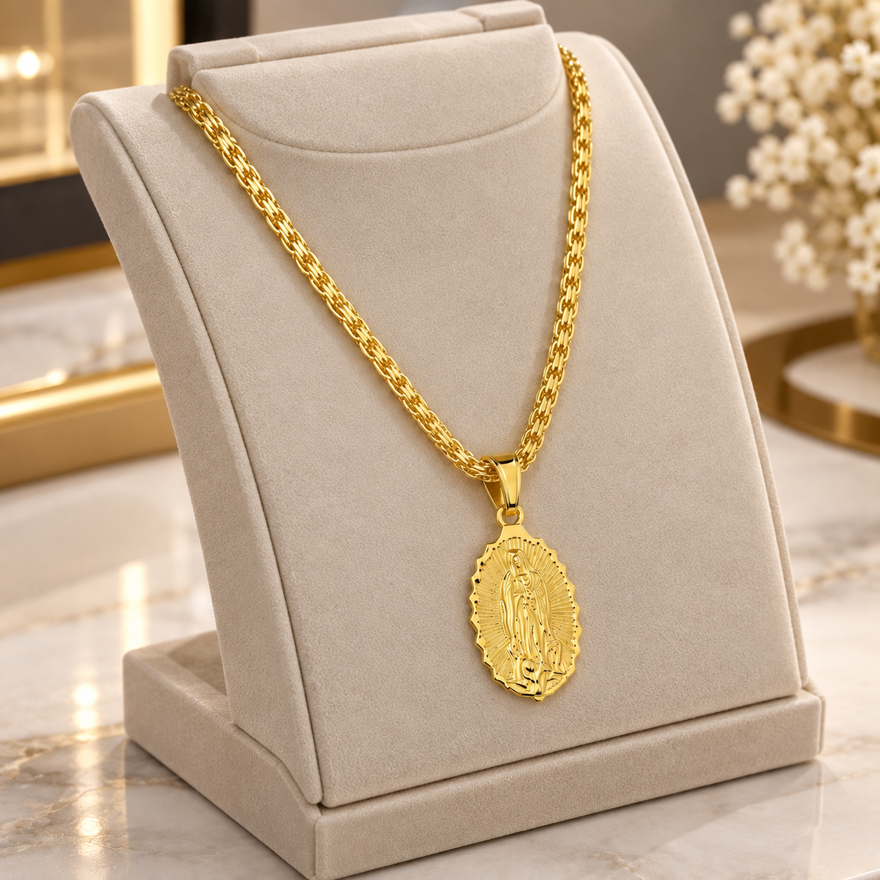 CADENA TEJIDO CHINO VIRGEN DE GUADALUPE + CAJA