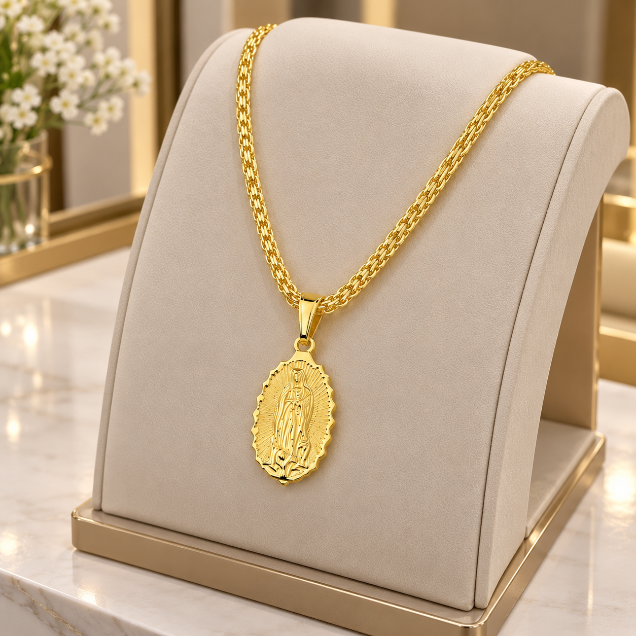 CADENA TEJIDO CHINO VIRGEN DE GUADALUPE + CAJA