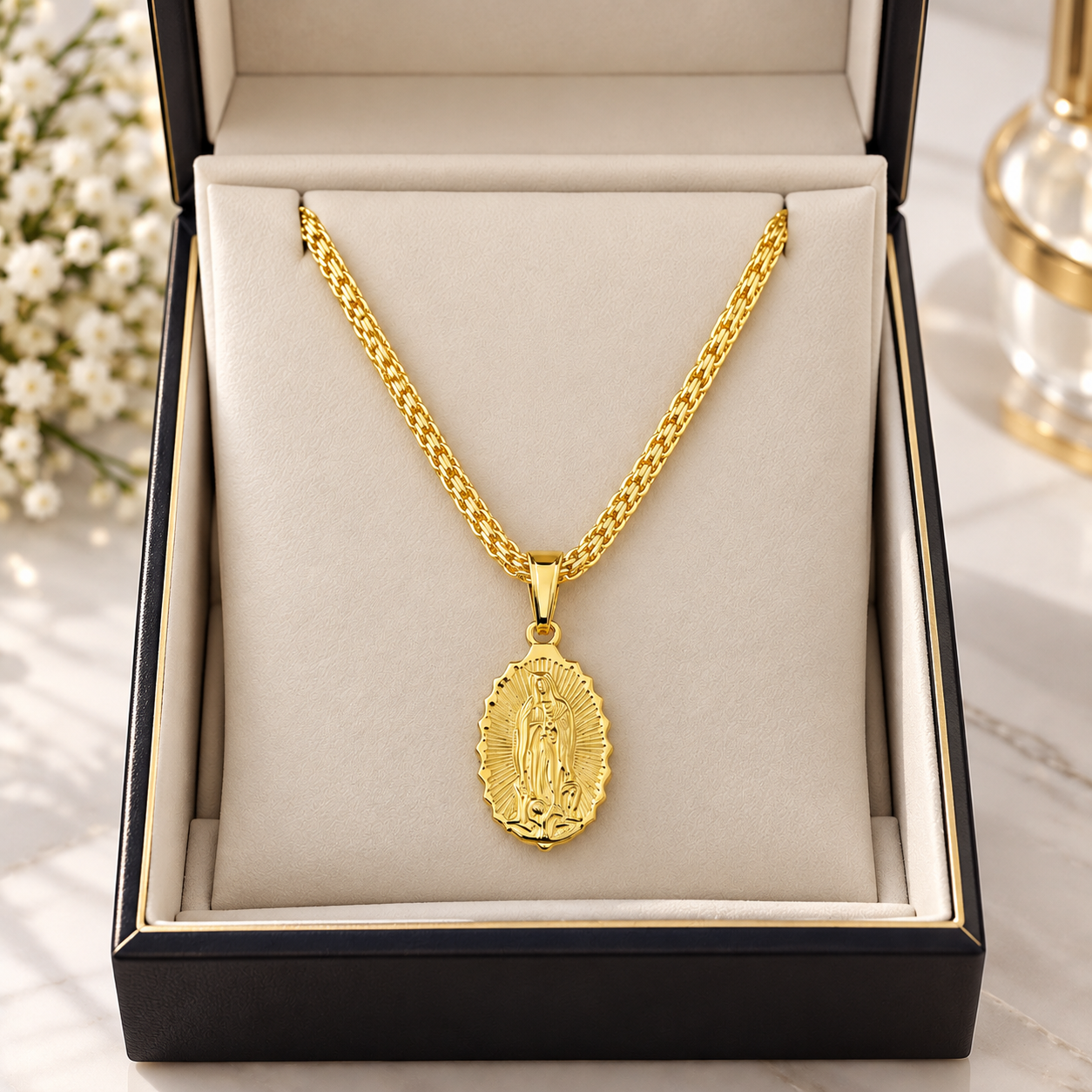 CADENA TEJIDO CHINO VIRGEN DE GUADALUPE + CAJA